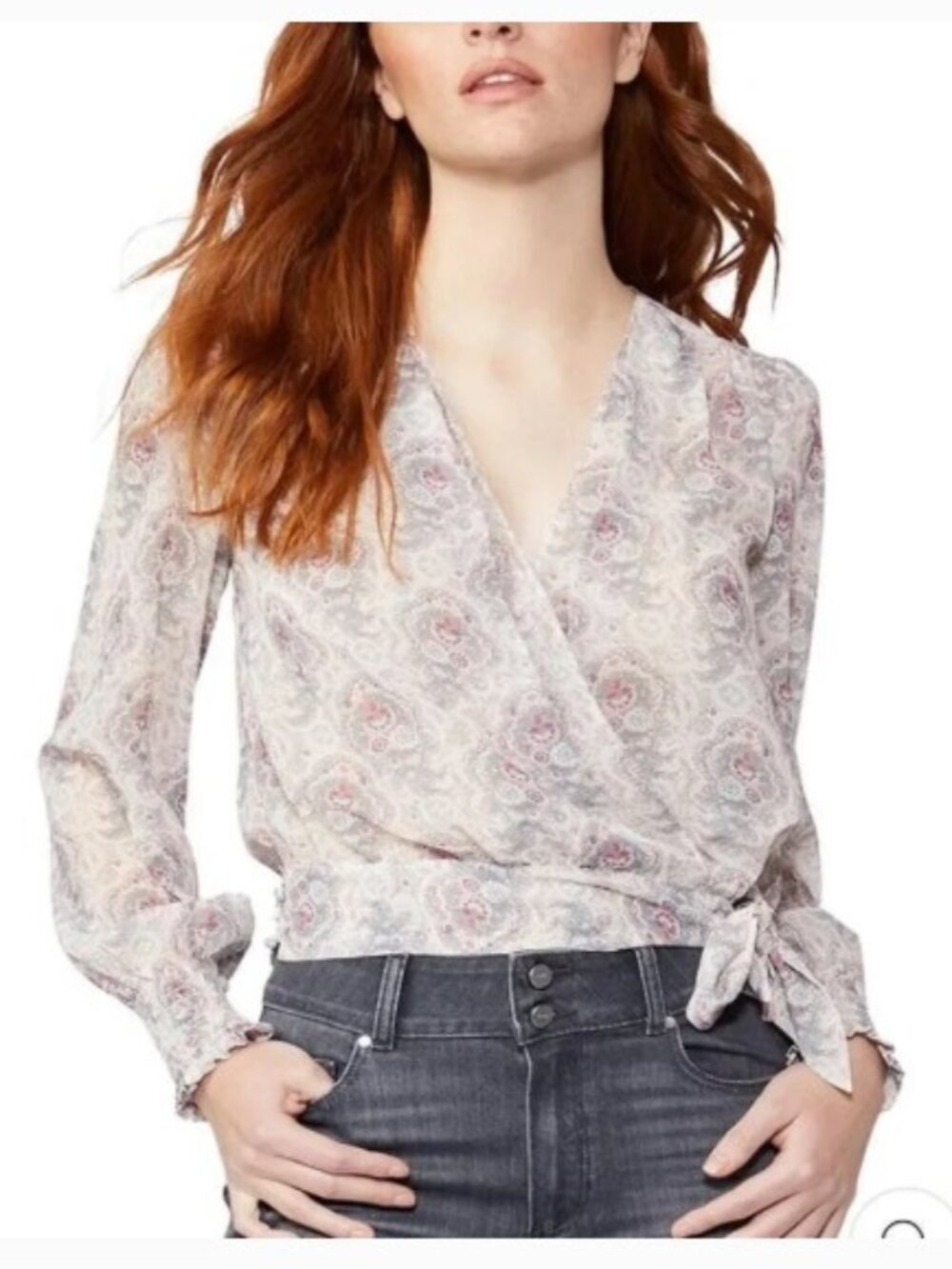 PAIGE Ecru Paisley Margherita Faux Wrap Semi-Sheer Chiffon Puff Sleeve Blouse